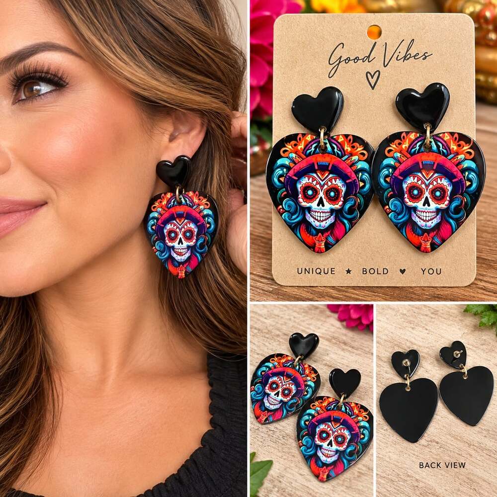 Day Of The Dead Sugar Skull Heart Dangle Earrings